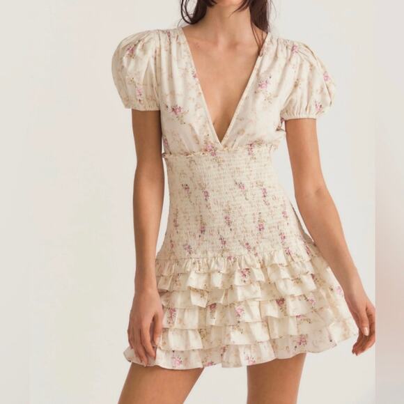 LoveShackFancy NWT Radia Smocked Cotton Cream Pink Floral Mini Dress size Large - Picture 2 of 16
